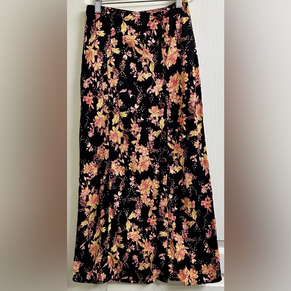 Free People Retro Love Black Floral Print Button Front Midi Skirt - Picture 2 of 11